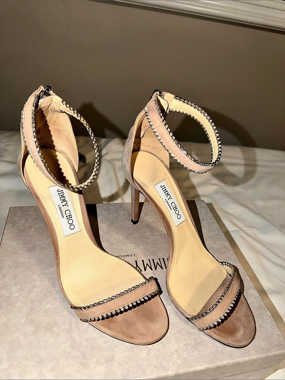 Jimmy Choo Crystal-Embellished Suede Ankle-Strap Sandals Heels in Pink